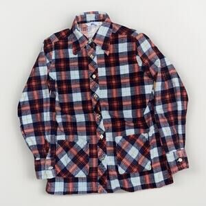 Vintage 70s Sears Plaid Flannel Shirt Women’s Size 14 Red Blue Made in USA